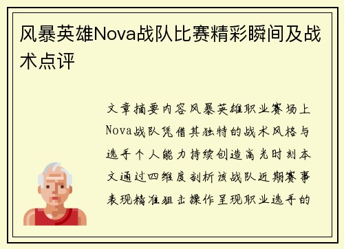 风暴英雄Nova战队比赛精彩瞬间及战术点评