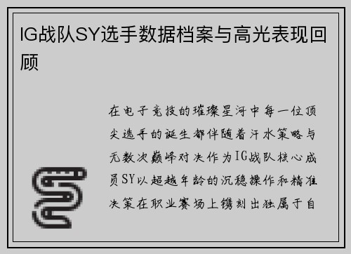 IG战队SY选手数据档案与高光表现回顾